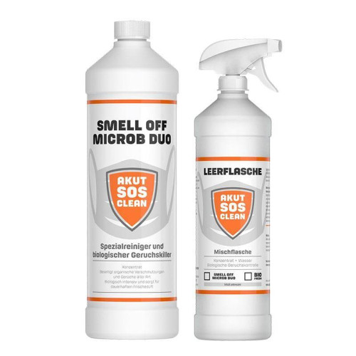 Akut SOS Clean - Smell Off Microb Duo + Leerflasche - Spezialreiniger und biologischer Geruchskiller 1L